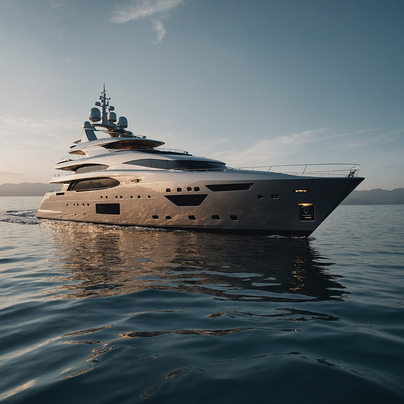 A luxurious yacht is slowly moving over a large lake